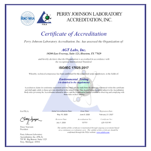 PJLA DoD ELAP Accreditation — Houston, TX