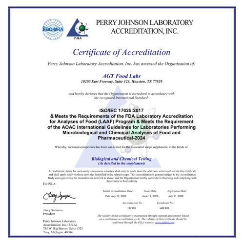 PJLA Food Accreditation — Houston, TX