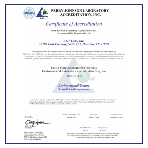 PJLA DoD ELAP Accreditation — Houston, TX